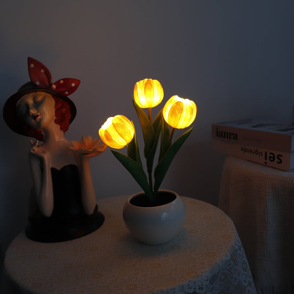 Orange Charging Model Artificial Tulip Bouquet Led Light Ceramic Pot Desk Lamp Lamps