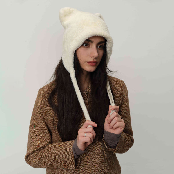 White Fluffy Cat Ear Winter Earflap Hat Women Knitted Warm Cold Weather Cap Hats