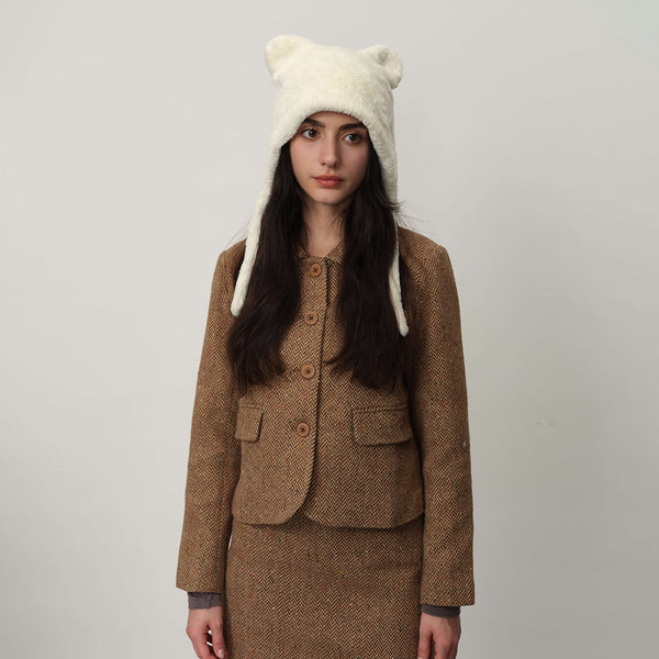 White Fluffy Cat Ear Winter Earflap Hat Women Knitted Warm Cold Weather Cap Hats