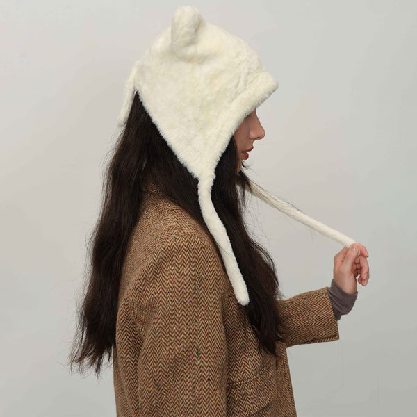 White Fluffy Cat Ear Winter Earflap Hat Women Knitted Warm Cold Weather Cap Hats