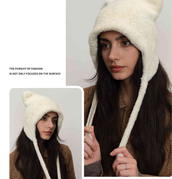 White Fluffy Cat Ear Winter Earflap Hat Women Knitted Warm Cold Weather Cap Hats
