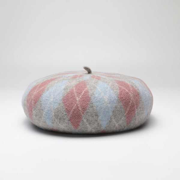 Diamond Colorblock Wool Beret Stylish Plaid Painter Hat Warm And Soft (Blue) Hats