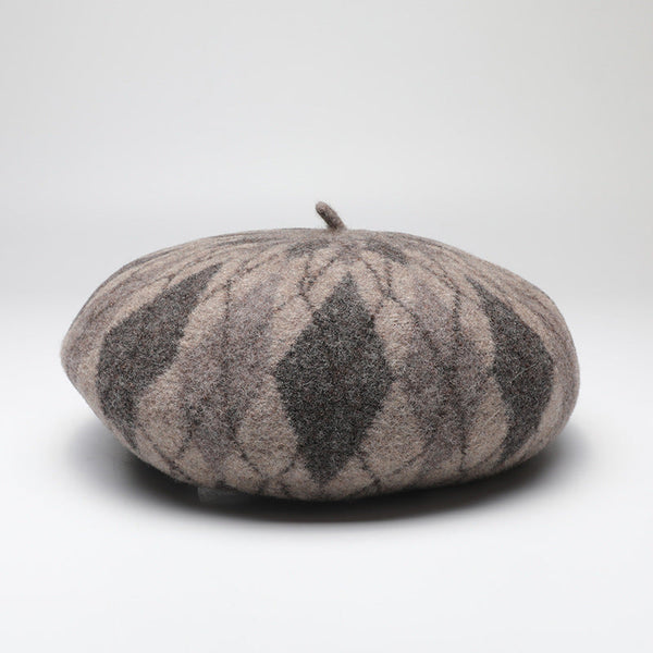 Diamond Colorblock Wool Beret Stylish Plaid Painter Hat Warm And Soft (Blue) Hats