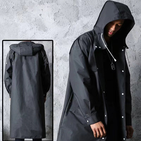 Stylish Black Trench Raincoat Extra Long Hooded For Hiking & Fishing Raincoats