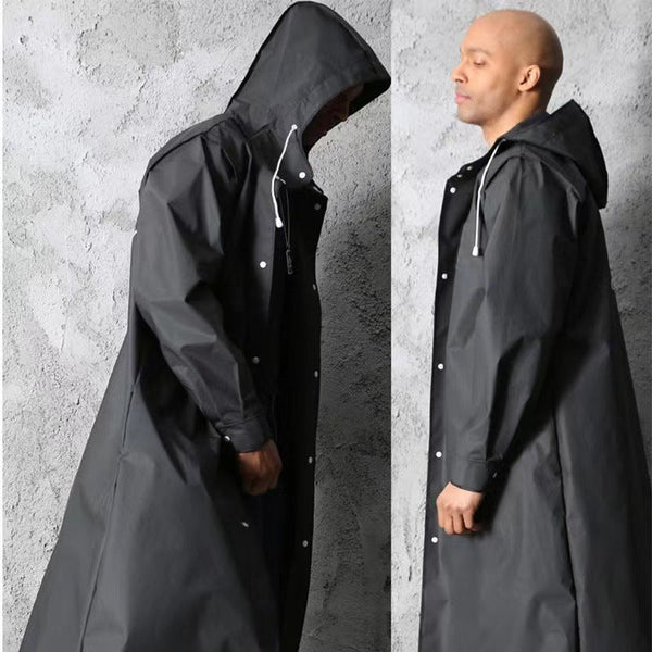 Stylish Black Trench Raincoat Extra Long Hooded For Hiking & Fishing Raincoats