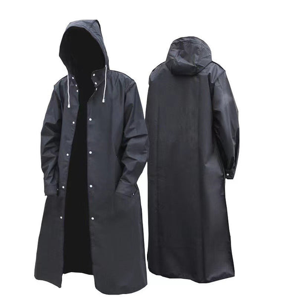 Stylish Black Trench Raincoat Extra Long Hooded For Hiking & Fishing Raincoats