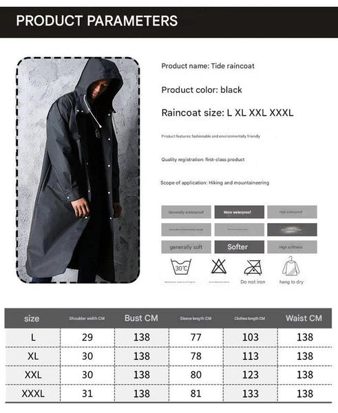 Stylish Black Trench Raincoat Extra Long Hooded For Hiking & Fishing Raincoats