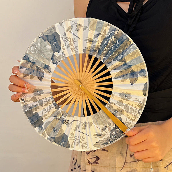 2 Pcs Floral Bamboo Folding Hand Fan Traditional Chinese Style Round Design (Elegant Ink Flower) Hand Fans