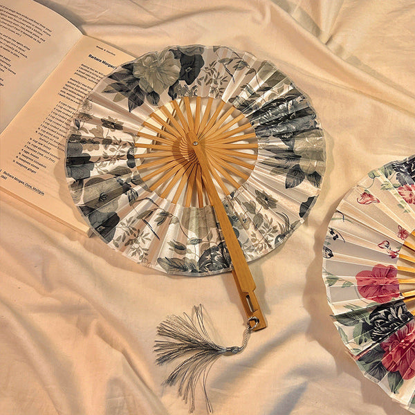 2 Pcs Floral Bamboo Folding Hand Fan Traditional Chinese Style Round Design (Elegant Ink Flower) Hand Fans