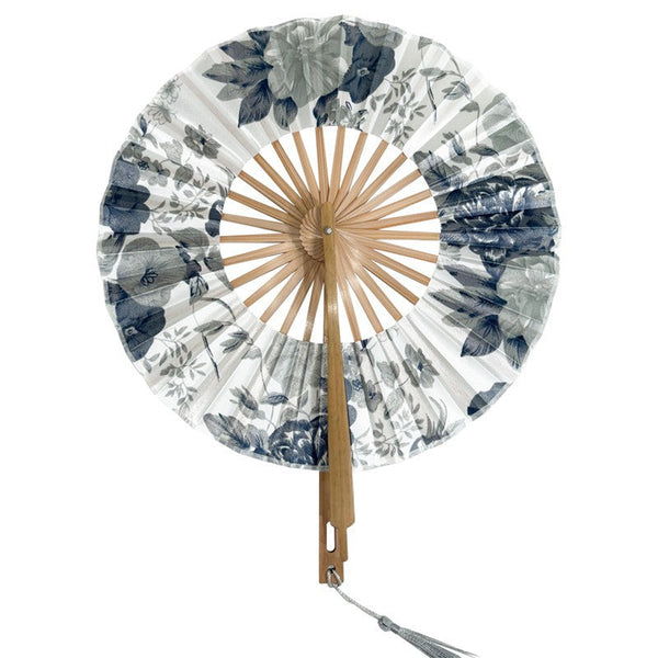 2 Pcs Floral Bamboo Folding Hand Fan Traditional Chinese Style Round Design (Elegant Ink Flower) Hand Fans