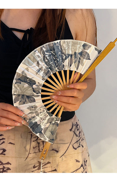 2 Pcs Floral Bamboo Folding Hand Fan Traditional Chinese Style Round Design (Elegant Ink Flower) Hand Fans