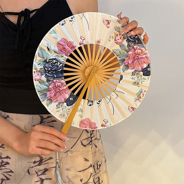 2 Pcs Floral Bamboo Folding Hand Fan Traditional Chinese Style Round Design (Spring In The Garden) Hand Fans