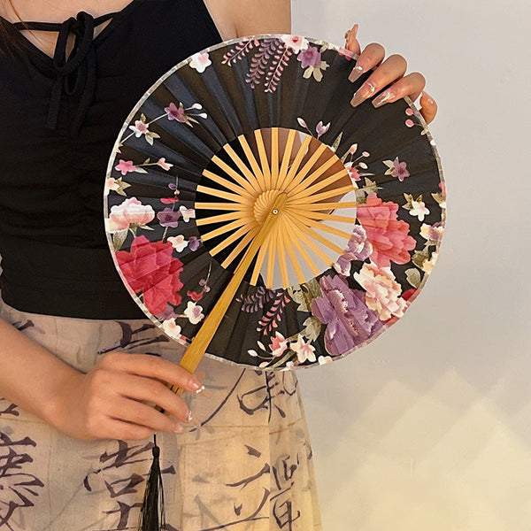 2 Pcs Floral Bamboo Folding Hand Fan Traditional Chinese Style Round Design (Black Background With Flowers) Hand Fans