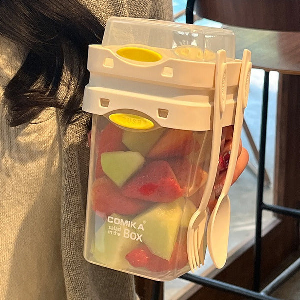 White Portable Salad Cup With Ingredient Compartment Fork And Spoon Enjoy Breakfast On The Go Food Storage Containers