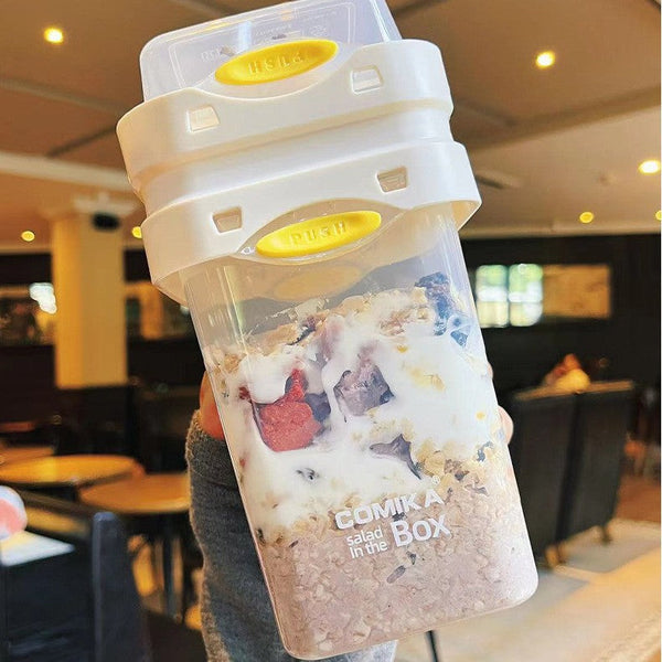 White Portable Salad Cup With Ingredient Compartment Fork And Spoon Enjoy Breakfast On The Go Food Storage Containers