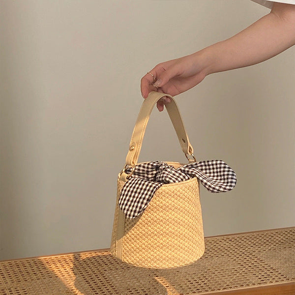 Woven Straw Bucket Bag With Gingham Bow Accent Mini Top Handle & Crossbody Women's Bags & Handbags