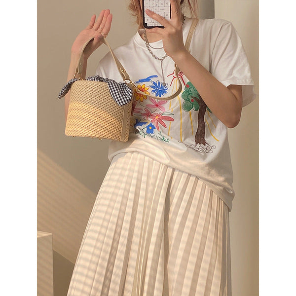 Woven Straw Bucket Bag With Gingham Bow Accent Mini Top Handle & Crossbody Women's Bags & Handbags