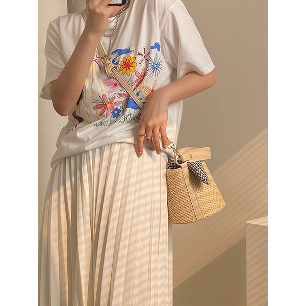 Woven Straw Bucket Bag With Gingham Bow Accent Mini Top Handle & Crossbody Women's Bags & Handbags