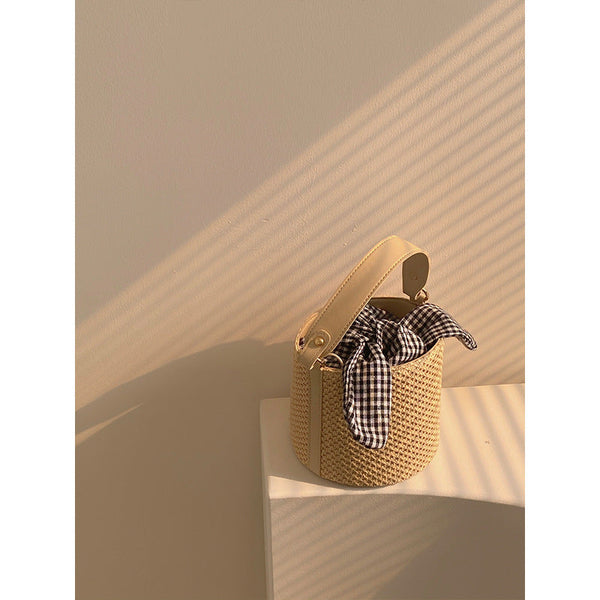 Woven Straw Bucket Bag With Gingham Bow Accent Mini Top Handle & Crossbody Women's Bags & Handbags
