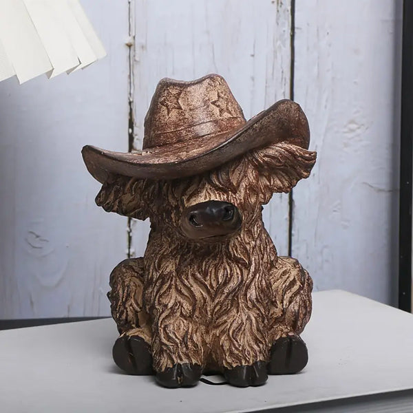 Rustic Highland Cow Statue With Cowboy Hat Resin Farmhouse Decor Other Home Décor