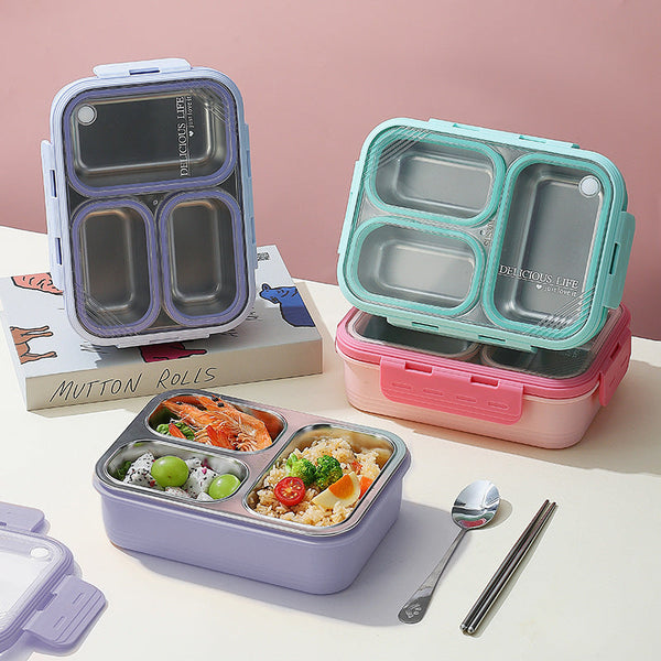 Purple 3 Compartment Stainless Steel Bento Lunch Box Leak Proof For Kids & Adults School Office Lunchboxes & Bags