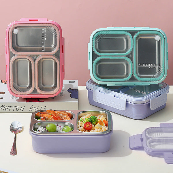 Purple 3 Compartment Stainless Steel Bento Lunch Box Leak Proof For Kids & Adults School Office Lunchboxes & Bags