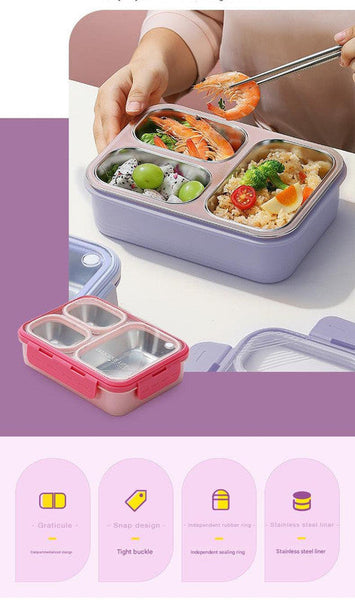 Purple 3 Compartment Stainless Steel Bento Lunch Box Leak Proof For Kids & Adults School Office Lunchboxes & Bags