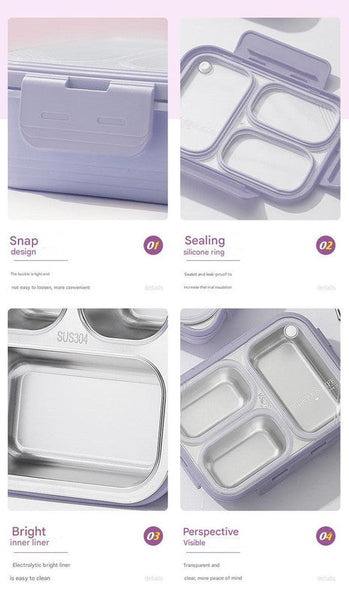 Purple 3 Compartment Stainless Steel Bento Lunch Box Leak Proof For Kids & Adults School Office Lunchboxes & Bags