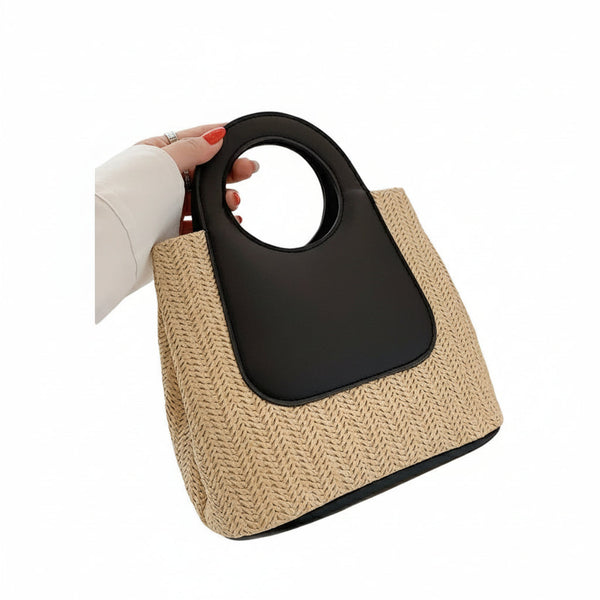 Retro Straw Tote Bag Woven Handbag With Contrast Panel & Round Handles Khaki Black Knitting Totes & Cases