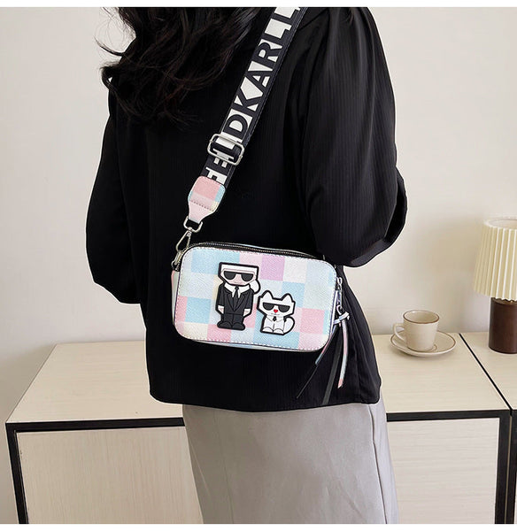 Pink Plaid Unique Doodle Print Pu Leather Bag Lightweight Crossbody With Character Women's Bags & Handbags