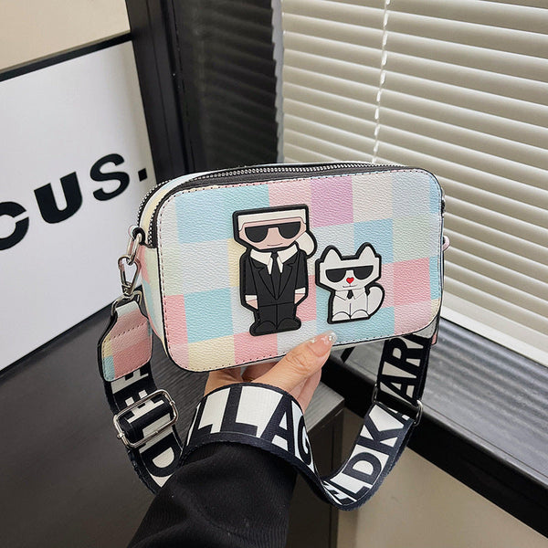 Pink Plaid Unique Doodle Print Pu Leather Bag Lightweight Crossbody With Character Women's Bags & Handbags