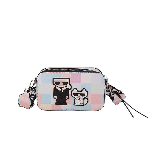 Pink Plaid Unique Doodle Print Pu Leather Bag Lightweight Crossbody With Character Women's Bags & Handbags