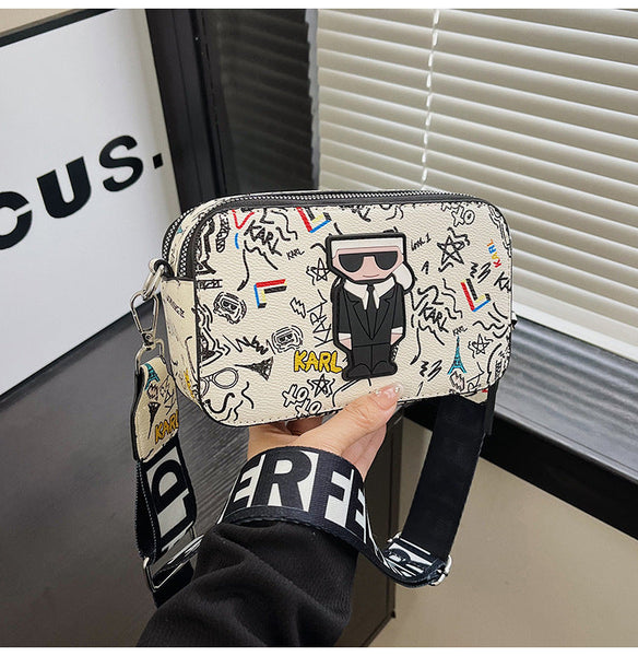 Beige Unique Doodle Print Pu Leather Bag Lightweight Crossbody With Character Women's Bags & Handbags