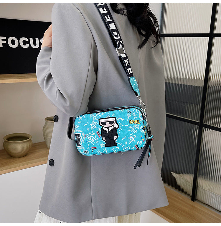 Blue Unique Doodle Print Pu Leather Bag Lightweight Crossbody With Character Women's Bags & Handbags