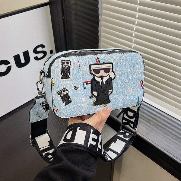 Light Blue Unique Doodle Print Pu Leather Bag Lightweight Crossbody With Character Women's Bags & Handbags