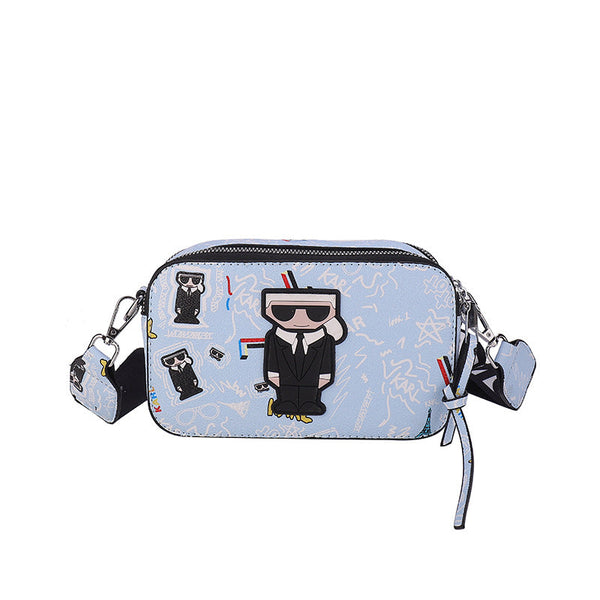 Light Blue Unique Doodle Print Pu Leather Bag Lightweight Crossbody With Character Women's Bags & Handbags