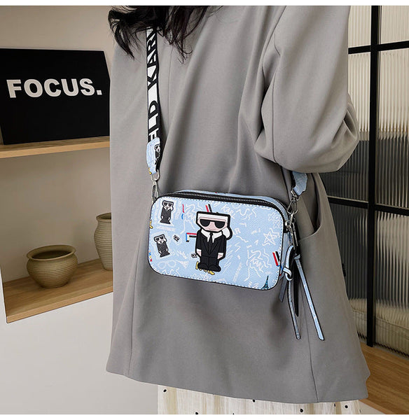 Light Blue Unique Doodle Print Pu Leather Bag Lightweight Crossbody With Character Women's Bags & Handbags