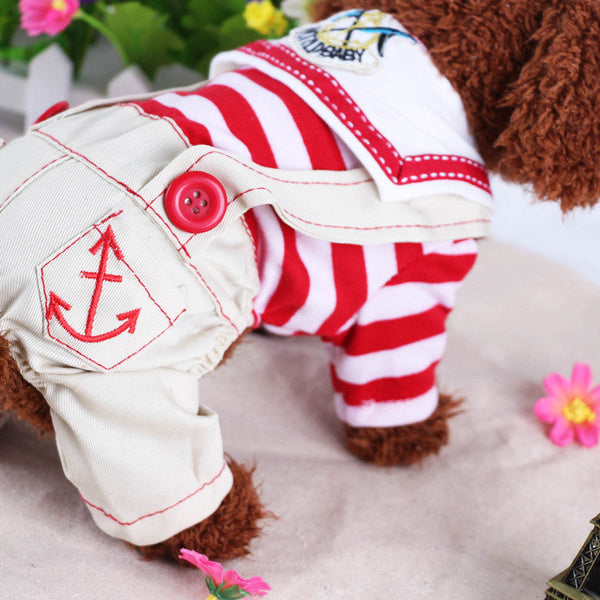 Red Cute Sailor Dog Outfit Striped Shirt & Anchor Overalls For Small Dogs (Size : ) Dog Clothing & Shoes