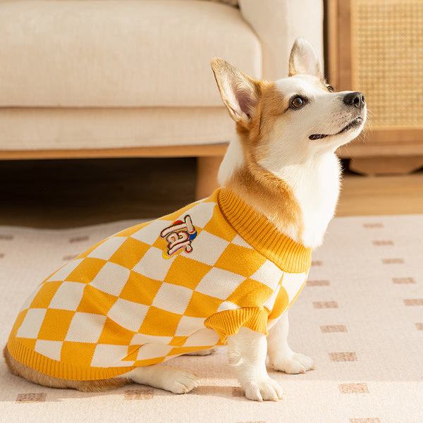 Classic Argyle Dog Sweater Yellow & White Knit For Corgis Medium Breeds Dog Clothing & Shoes