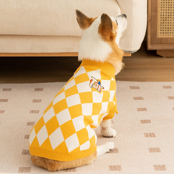 Classic Argyle Dog Sweater Yellow & White Knit For Corgis Medium Breeds Dog Clothing & Shoes
