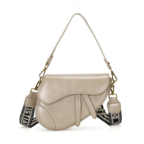 Khaki Chic Saddle Crossbody Bag With Wide Guitar Strap Pu Leather Women's Bags & Handbags