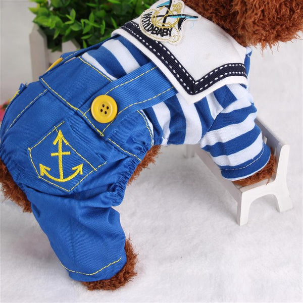 Blue Cute Sailor Dog Outfit Striped Shirt & Anchor Overalls For Small Dogs (Size : L ) Dog Clothing & Shoes