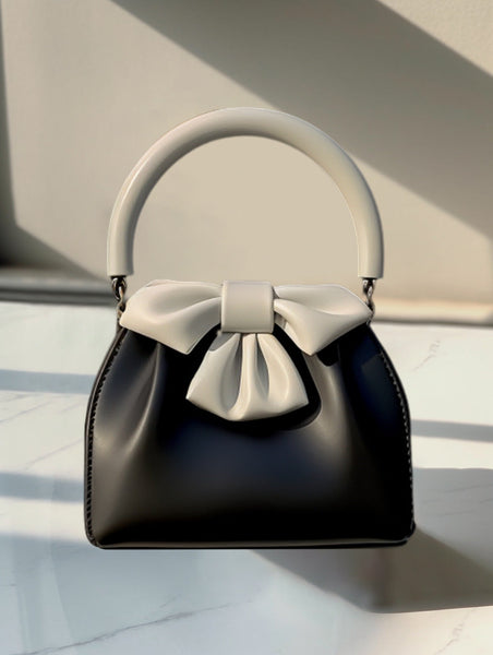 Statement Bow Mini Handbag Black & White Color Block Top Handle Women's Bags & Handbags
