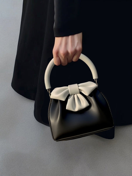 Statement Bow Mini Handbag Black & White Color Block Top Handle Women's Bags & Handbags