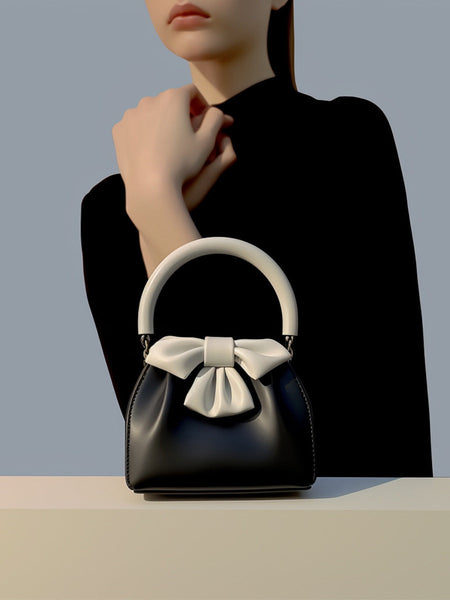 Statement Bow Mini Handbag Black & White Color Block Top Handle Women's Bags & Handbags