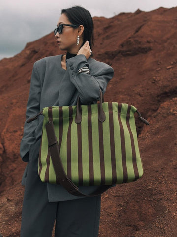 Large Capacity Canvas Tote Bag Green Stripes Drawstring Top Leather Handles Women's Bags & Handbags