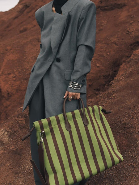 Large Capacity Canvas Tote Bag Green Stripes Drawstring Top Leather Handles Women's Bags & Handbags