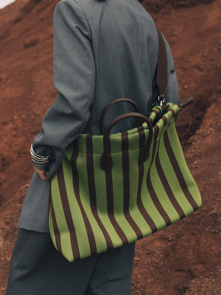 Large Capacity Canvas Tote Bag Green Stripes Drawstring Top Leather Handles Women's Bags & Handbags
