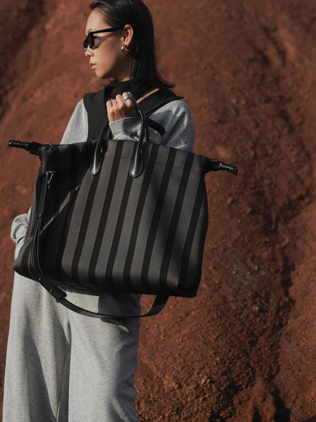 Large Capacity Canvas Tote Bag Grey Stripes Drawstring Top Leather Handles Women's Bags & Handbags