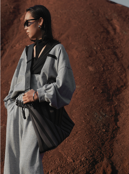 Large Capacity Canvas Tote Bag Grey Stripes Drawstring Top Leather Handles Women's Bags & Handbags